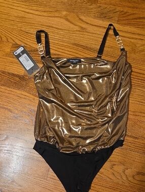 Marciano Gold Metallic Draped Bodysuit with Black Accents